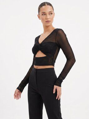*Fashion Nova Black Mesh Long Sleeve Crop Top - Twist Front Cutout Sheer Blouse